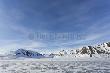 Landscape and pack ice in Mushamna  Woodfjord  Spitzbergen  Svalbard