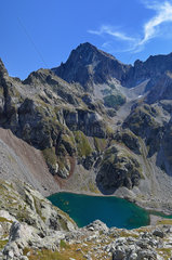 From the Palas pass  overlooking Lake Arriel and Balaïtous (3144m). Valley of Ossau  Pyrenees  France