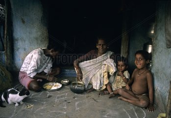 Cat eating near a woman and her children India