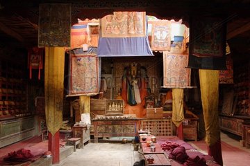 Interior of a Buddhist monastery Muney gompa Zanskar India