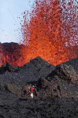 volcanologist on Piton de la Fournaise in activity  Volcano eruption 16 of september 2016  Reunion