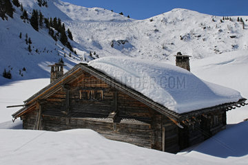 Chalet under the snow   Alps . Swiss