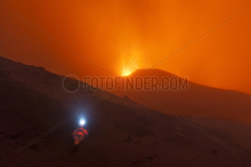 Volcanologist approach on Piton de la Fournaise in activity  Volcano eruption of May 2015  Reunion