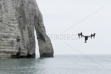 Drone flying near the cliffs of Etretat  Normandy  France