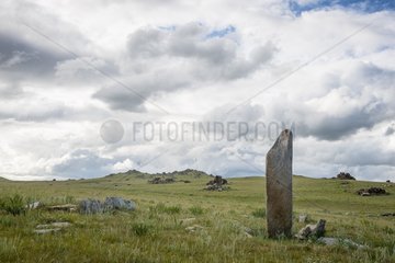 Deer stones (thousand years before our era  nomadic tribes have erected hundreds of headstones adorned with engravings representing mainly deer  weapons and geometric figures) - Valley High Tamir - site Tsatsyn Ereg - Mongolia