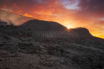 Sunrise on Piton de la Fournaise in activity  Volcano eruption of August 2015  Reunion