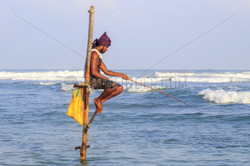 Stilt fisherman near the beach  traditional fishing  Weligama  Indian Ocean  Sri Lanka