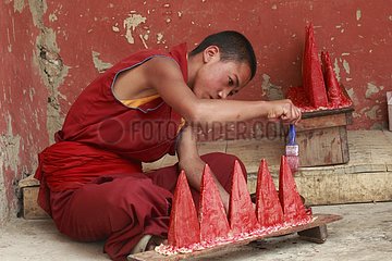 Young Buddhist monk making offerings India