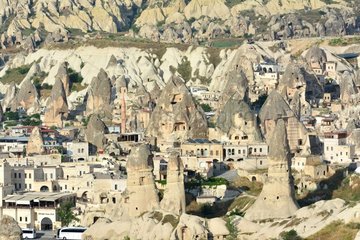 Turkey. Cappadocia. Goreme. The village of Goreme  capitale of the tourism in Cappadocia  has been built in the middle of fairychimneys and half of the houses and hotels ate still troglodytes.