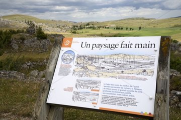 Panel educational information Chaos de Nîmes-le-Vieux  ruiniforme site located in the southeast part of the Causse Mejean - Lozère - Cevennes National Park - France