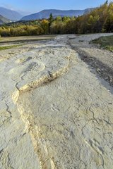 Sauropod footprints in Plagne in the Jura   Ain  France . Footprints left by diplodocus (herbivorous sauropods) in the mud of a Jurassic lagoon and discovered in 2009; it is the wider footprints known world