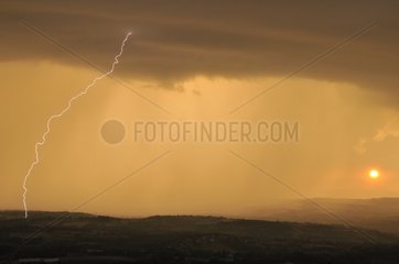 Lightning at sunset on the Beaujolais France