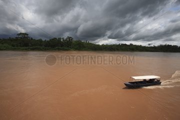 Boat on the Rio maranon tributary of the Amazon Peru