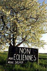 Anti -Wind -Turbinen -Banner im Obstbaum in Blumen
