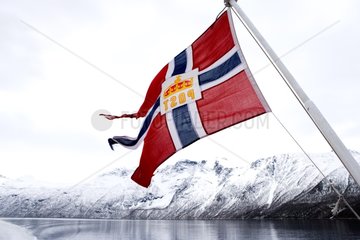 Norwegian flag floating in North Sea Norway