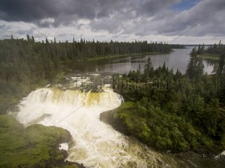 Aerial view of waterfall on the Grass River in boreal forest  Pisew Falls Provincial Park  Manitoba  Canada