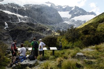 Hikers in front of the Rob Roy glacier Mount Aspiring NP