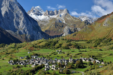 Lescun in autumn and first snow on Pic d'Anie. Aspe Valley  Pyrenees  France