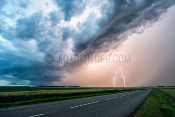 Supercell and lightning over the countryside - France