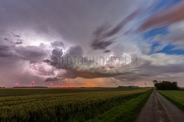 Lightning and wind in the evening countryside - France