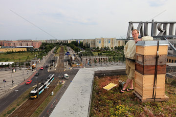 Urban Beekeeping - Andreas Krueger  42 years old  has set up his hives to the east  on the roof of the Hellersdorfer town hall on Alice Salomon square. Married with two children  he works as an instructor in an institution for the handicapped. He started beekeeping six years ago to satisfy an old childhood desire and to get back to nature. ?I also really wanted to make honey. I have a slogan  Honey before dogs?? He recounts that in Berlin it?s better to have bees than a dog because the bees make it a good environment. ?Otherwise  I run marathons. I have ten hives and tomorrow I am going to harvest the honey from the hives on the Hellersdorfer town hall and I hope to get 80 kilos per hive?. Germany