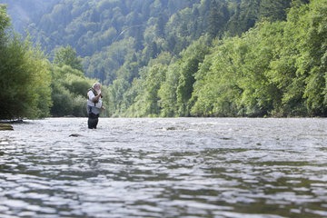 Fly fishing on the Doubs river  Bremoncourt  Glere  Doubs  Franche-Comte  France