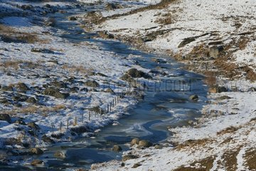 Bés river frozen in early winter Aubrac France