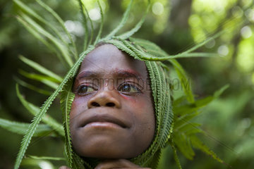 Portrait of Boy with fern on the head - Tanna Vanuatu