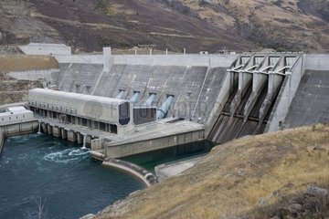 Concrete wall of Clyde Dam on Clutha River New Zealand
