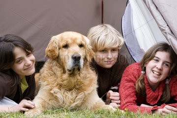 Children under a tent with a dog Golden Retriever France