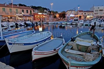 Small fishing port of Le Brusc after sunset France