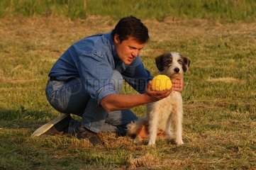 Mann spielt den Ball mit seinem Hund