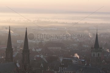 Town of Obernai and Alsace plain in the early mist morning