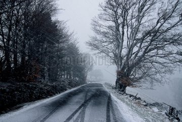 Schneebedeckte Straße im Frühlingsplateau von Aubrac France