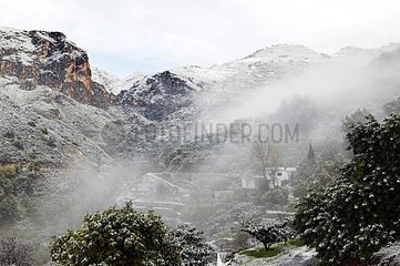 Village of Otivar under a snowstorm Spain