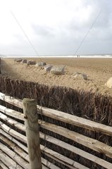 Holzbarriere und rockt entlang eines Strandes Deauville Frankreich