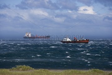 Cargos liners at anchor in the stormy Magellan Strait