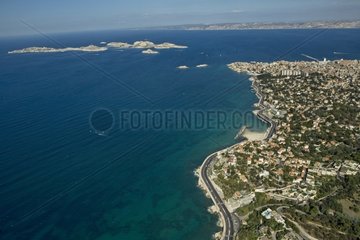 Air shot of the Corniche and islands of Marseille France