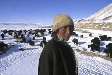 Young Tibetan nomad keeping his Grunting ox China