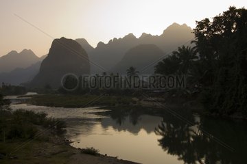 Landscape of moutain and river at sunset Laos