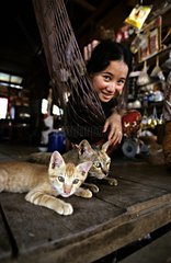 Cambodian woman in a hammock and kittens Cambodia