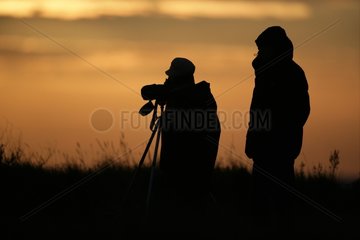 Vogelbeobachter bei Sonnenuntergang