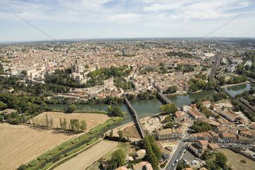 Aerial view of Bèziers and the Orb river in Hérault France