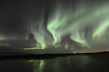 Aurora borealis on a beach near Reykjavik - Iceland