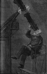 Mann des 19. Jahrhunderts  der den Himmel mit einem Teleskop beobachtet