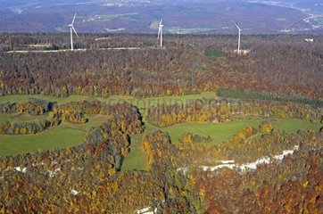 Air shot of wind turbines on the Lomont massive Doubs