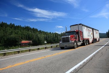 A truck on road near a lake in Quebec