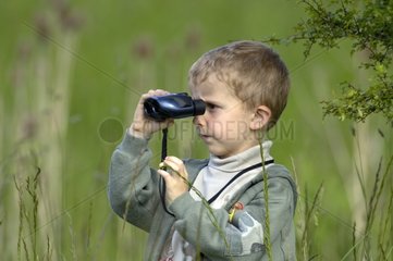 Fünf Jahre alter Junge  der mit Fernglas beobachtet wird