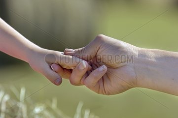 Hand einer Mutter  die die Hand ihres kleinen Jungen hält