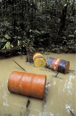 Chemical drums in illegal gold mining site French Guiana